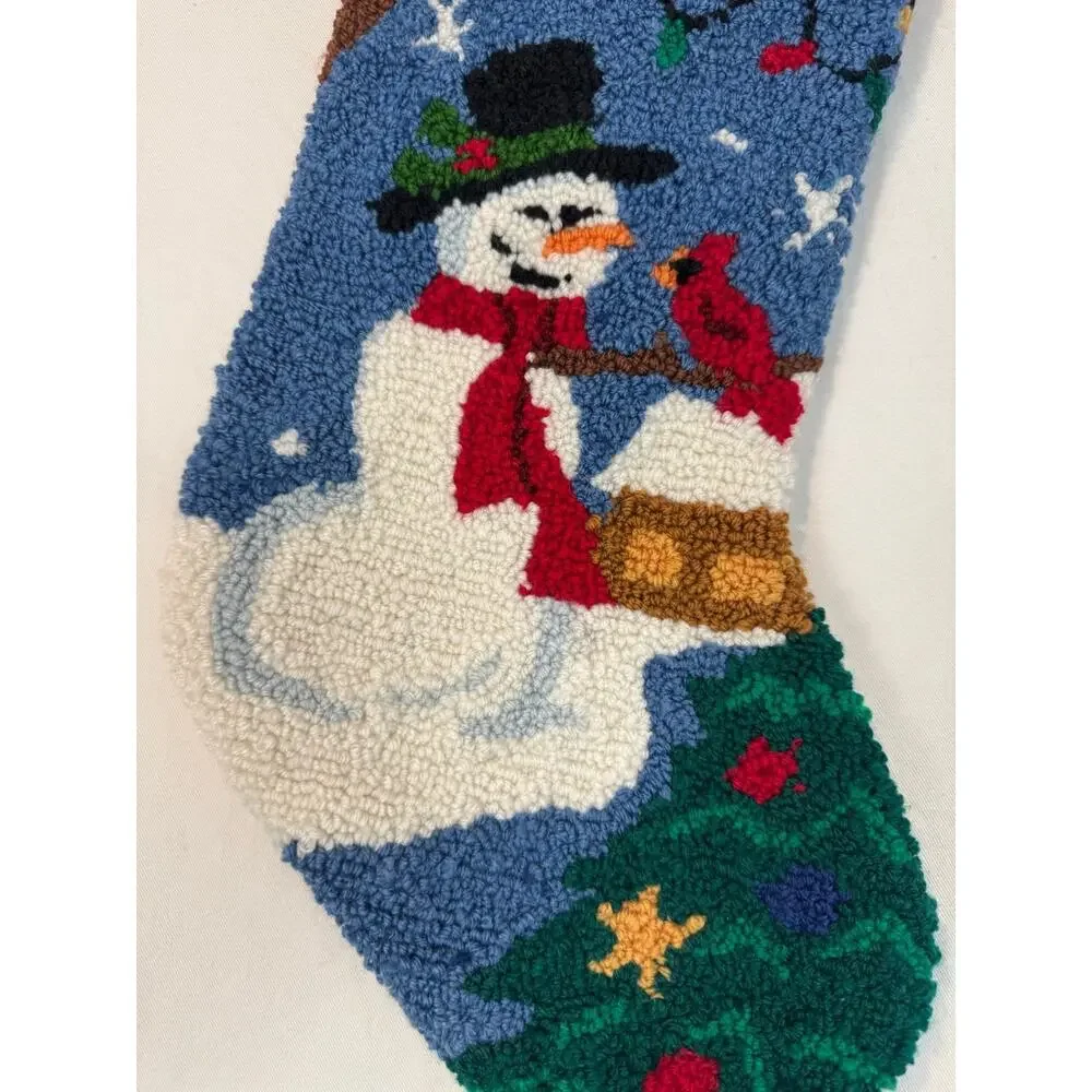 Vtg Christmas Stocking Wool‎ Needlepoint Snowman Cardinal Tree Lights